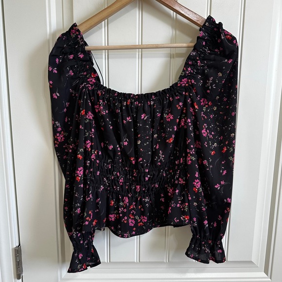 AQUA Smocked Floral Blouse Square Neck Long Sleeve Top‎ Black Size S - Picture 4 of 6